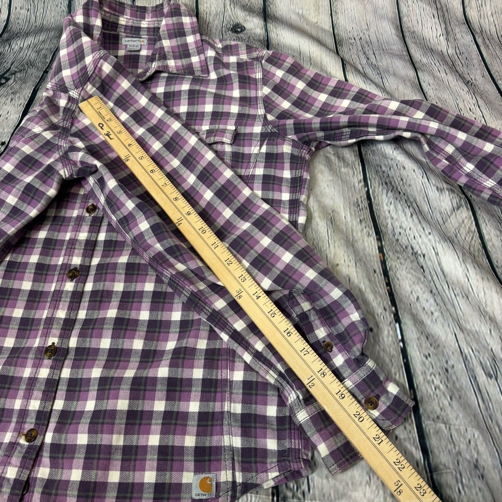 Women’s Carhartt Flannel Purple Grey Button Down Size Medium Workwear Outdoorsy - Picture 8 of 11